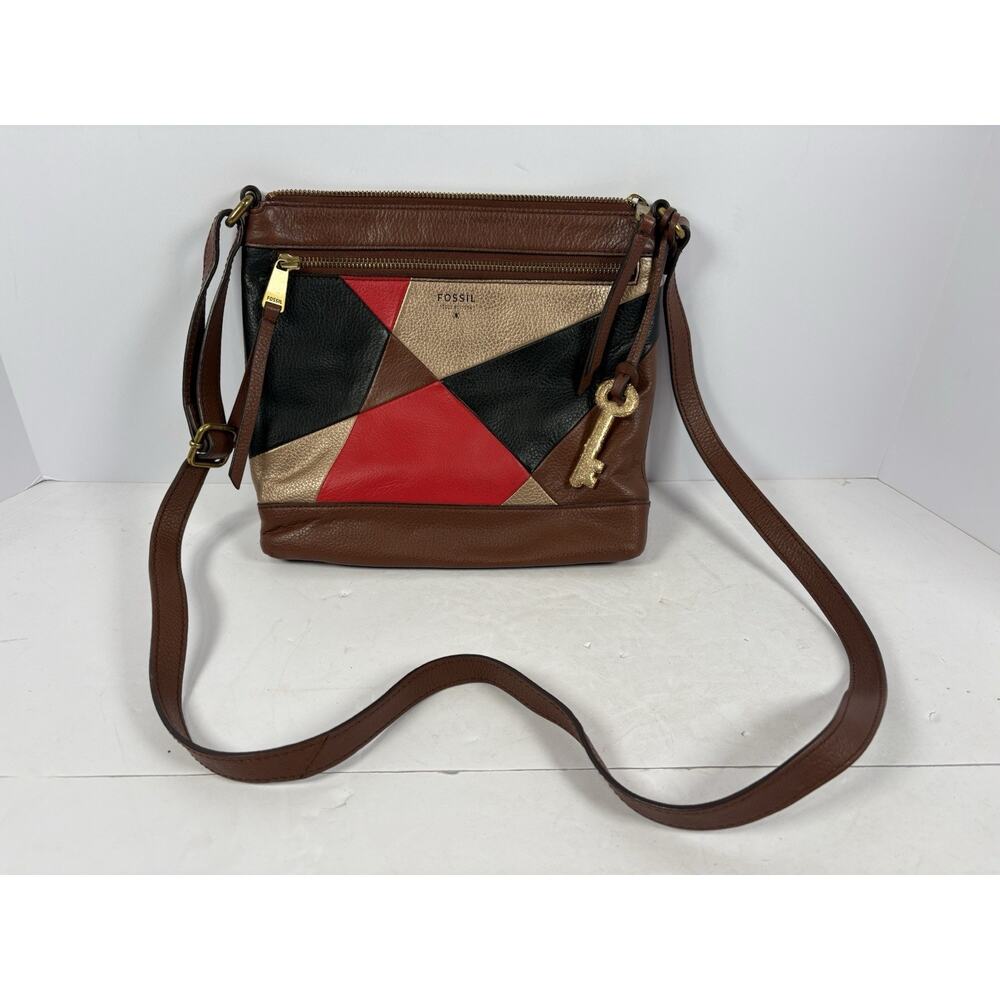 Fossil Fiona Leather Patchwork Colorblock Crossbody Bag Red Gold Brown Pre-Owned